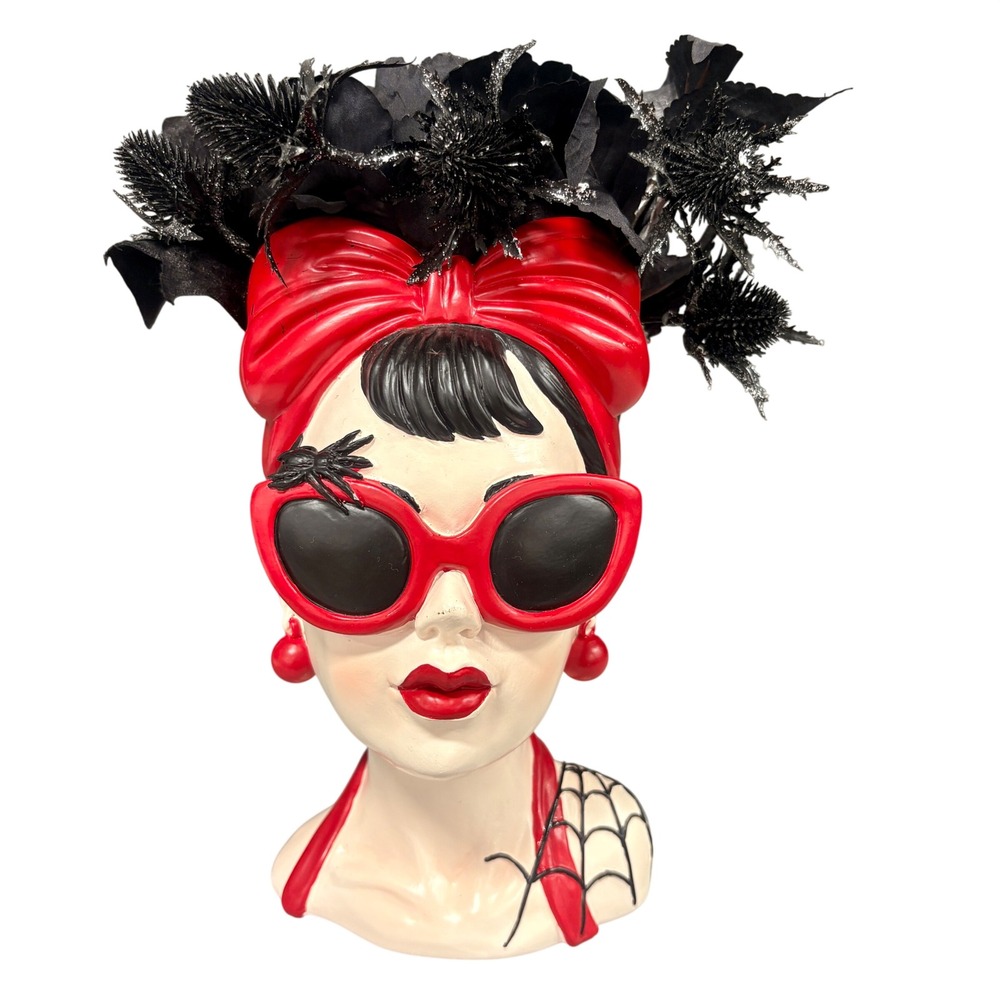 Halloween Rockabilly Lady Head Bust Red Black Spider Web Goth Pinup Decor